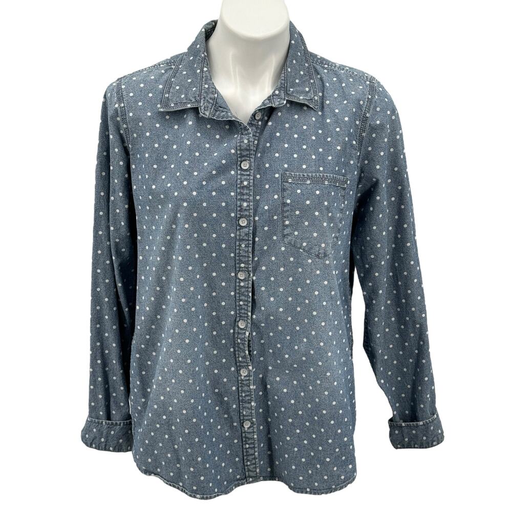 JC Penney Women's Tops SZ XL Casual Denim Polka Dot 100% Cotton Blue Long Sleeve
